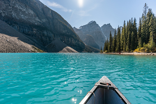 Canoeing on Moraine Lake in Banff.