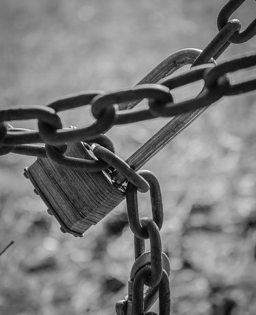 Black and white photo of a lock and chain.