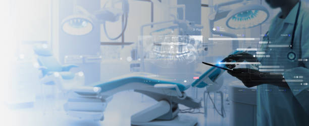 istock Dentist interacting with patient, use VR computer filling out charts schedule management for treatment with Ai technology for innovate different treatments,dental practices specifically. 1772791355
