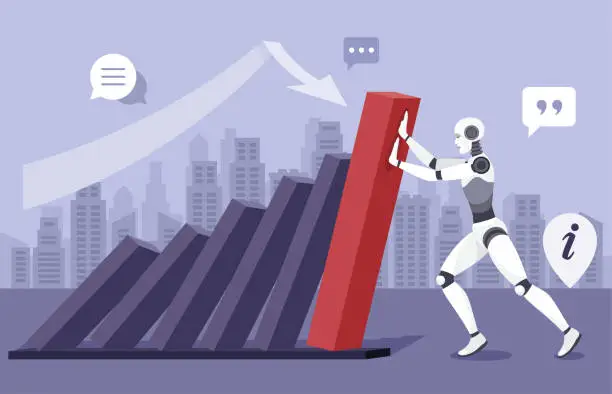 Vector illustration of Domino effect. AI Robot holding a graph from falling. Trading on the stock market. Artificial intelligence.