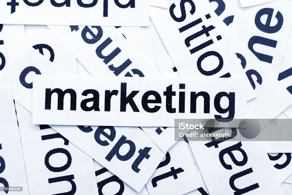 Marketing word cloud Close up of Marketing concept Blue Stock Photo