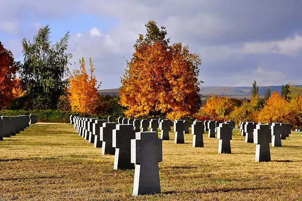 "German military cemetery (2nd WW) in dramatic colors at Budaors, near Budapest, Hungary."