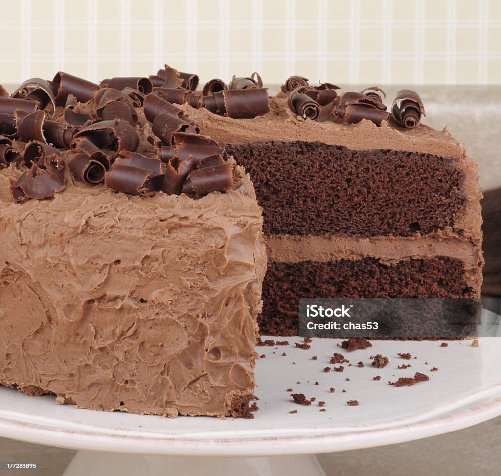 Chocolate Cake Chocolate cake with chocolate curls on a platter Baked Stock Photo