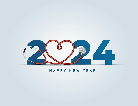 2023 new year Healthcare concept. Healthy new year- creative vector illustration for 2023 new year. Doctor stethoscope with smiling heart and blue background.