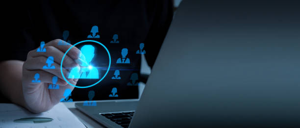 istock Job Interview. HR management hand choosing virtual people graphic icon diagram, select job employee, team leader, business marketing, work recruitment, human resource management, job applicant concept 1772840340