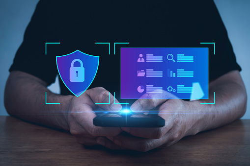 Firewall. businessman using mobile smartphone with virtual digital firewall diagram, digital online, cyber security, internet connection, system protect data, network security technology concept