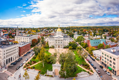 Aerial view of Concord and the New Hampshire State House. The capitol houses the New Hampshire General Court, Governor, and Executive Council.
