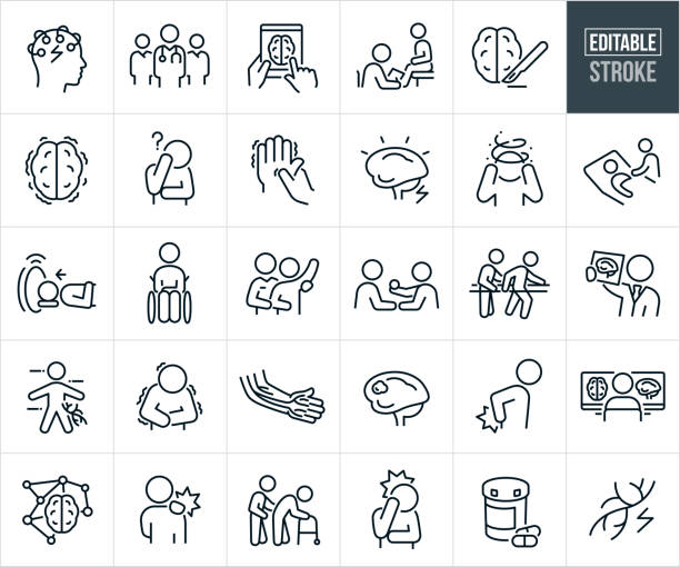 ilustrações de stock, clip art, desenhos animados e ícones de neurology, neurosurgery and neurological disorders thin line icons - editable stroke - brain mri scan alzheimers disease medical scan