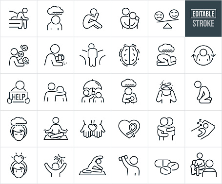 A set of mental health icons that include editable strokes or outlines using the EPS vector file. The icons include a depressed person sitting at the edge of bed, depressed person with cloud over head, sad person sitting on floor with head in hands, family member with arm around shoulder of depressed family member, scale with smiley face on one side with a sad face on the other side, person juggling smiley and sad faces representing the ups and downs of mental illness, sad person abusing alcohol and prescription medication, person with head down at a crossroads faced with a choice on what path to take, mentally ill brain, person in fetal position on ground with cloud above, depression cycle, depressed person holding a 