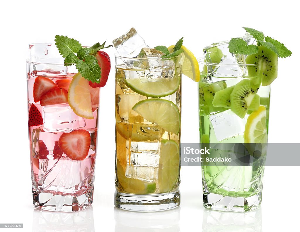 cold Drinks With Fruits Glasses Of Drink With Ice Cubes And Fruits On White Background Ice Tea Stock Photo