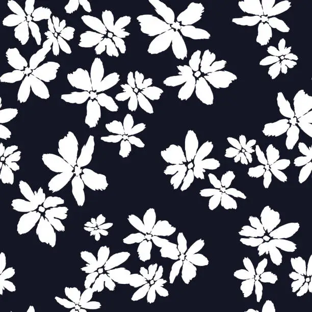 Vector illustration of Seamless pattern of white flowers on dark blue background. Abstract botanical floral shapes brush strokes. Plants, flowers, collage. Vector monochrome modern design, banner, cover, wallpaper