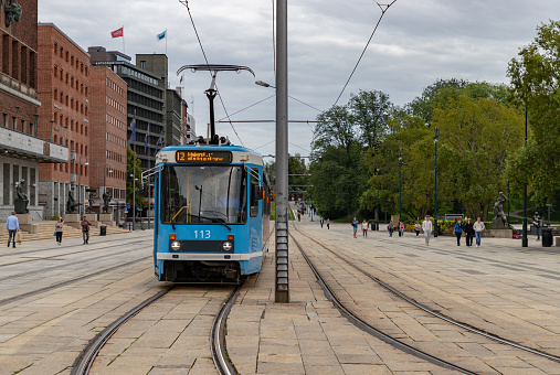 Oslo, Norway - August 12, 2023: A picture of a tram in Oslo.