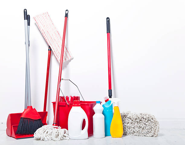 Cleaning supplies Household cleaning supplies standing in the living room broom photos stock pictures, royalty-free photos & images