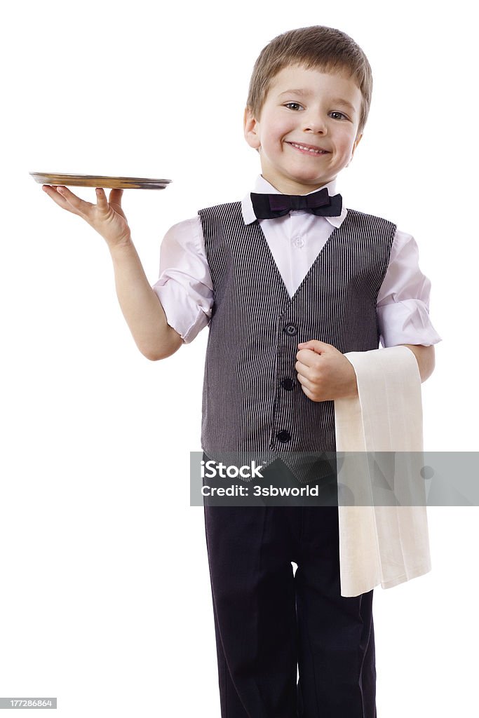Petit garçon de café avec plateau et serviette - Photo de Enfant libre de droits