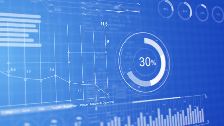 Charts, Graphs, Diagrams Growing on Digital Blue Screen Close-up Beautiful 3d Animation. Abstract Stock Market Business Information and Financial Data Illustration. Modern Technology Concept