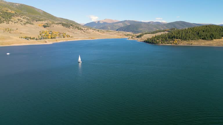 High drone footage of sailboat sailing in the lake of Dillon Reservoir in Colorado, USA