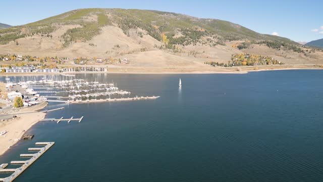 Drone footage of the Dillon Marina on a sunny day in Colorado, United States