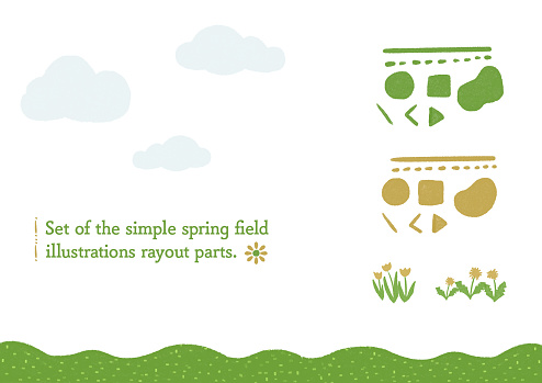 istock Set of Illustrations of simple spring field. Recommended for footer line,background and so on. With dandelions,tulips,clouds and layout parts. 1772885734