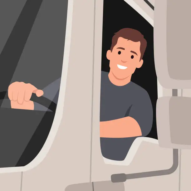Vector illustration of Young Man Driving a Delivery Truck. Smiling truck driver in the car. Delivery cargo service.