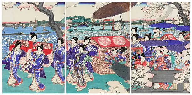 Color woodblock print of beautiful Japanese woman