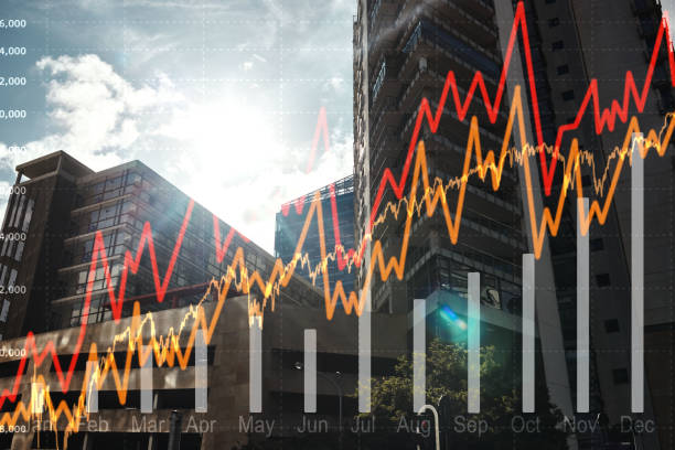 istock Finance chart overlay, city and data for inflation increase, stats or numbers for cost of living crisis on calendar. Graph, arrow and percentage for economy, gdp growth or analytics in Cape Town cbd 1772908005
