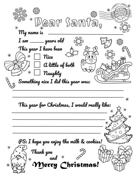 Vector illustration of Coloring page Letter to Santa. For print.