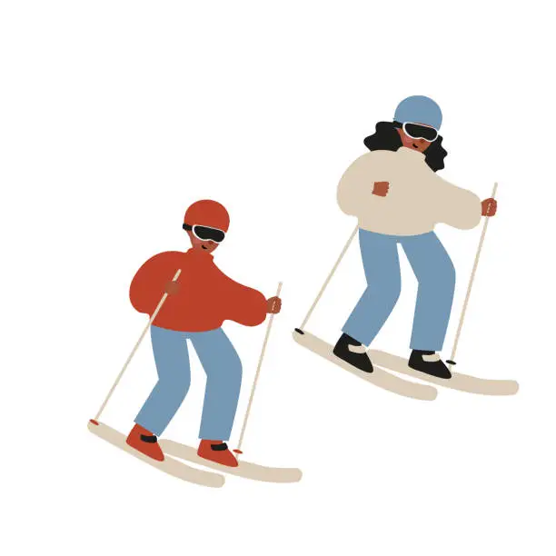 Vector illustration of Set of winter season activities illustrations, people skiing, snowboarding, ice skating, sledding, tubing, playing snowballs, building snowman, making snow angel vector clipart, flat style images.