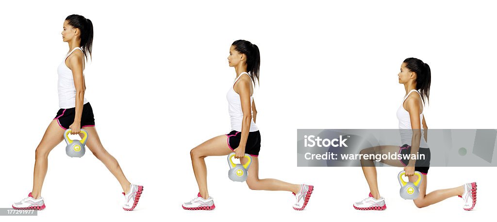 Kettle bell dumbell exercise "Series of kettle bell weight exercise sequence to promote strength and muscle tone, please see portfolio for more in this series." Kettlebell Stock Photo