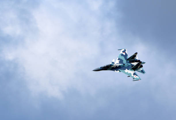 Sukhoi Su 30 Model Radio Controlled Jet in Flight. Little Gransden, Cambridgeshire, England - August 27, 2023:  Sukhoi Su 30 Model Radio Controlled Jet in Flight. russian culture audio stock pictures, royalty-free photos & images