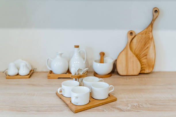 istock white tea set is in the kitchen, kitchen utensils, four cups 1772940035