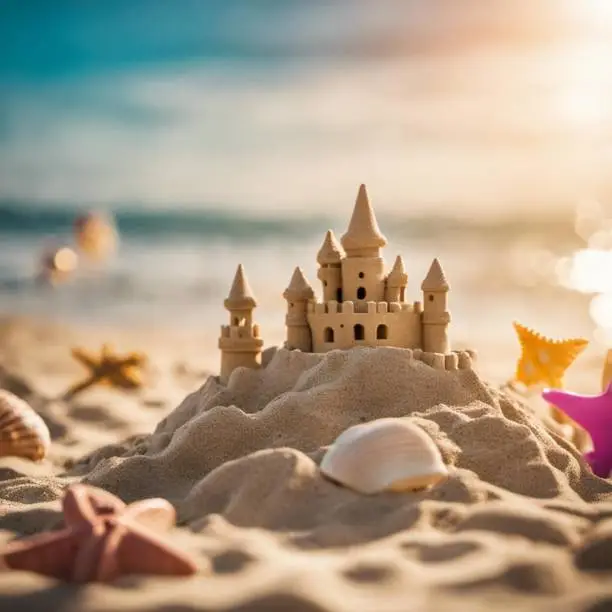 An intricate sand castle constructed from sand and seashells on a beach overlooking the majestic ocean