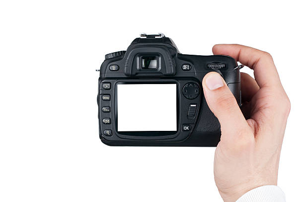 istock Digital camera in man hand, Taking photo  isolated on white 177295365