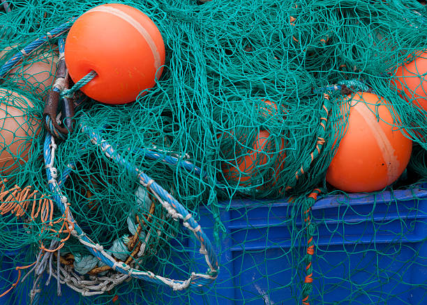 filets de pêche sur le port - fischernetz photos et images de collection