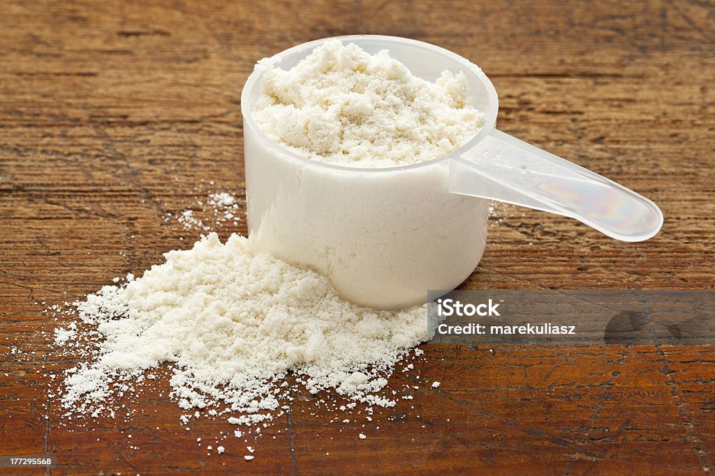 white powder of whey protein plastic measuring scoop of white powder (whey protein) against grunge wood background Serving Scoop Stock Photo