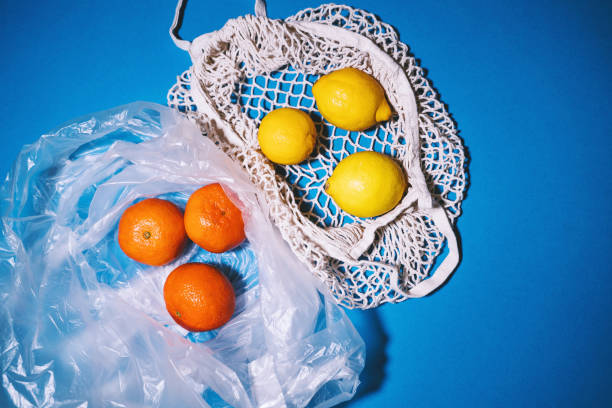 istock Mesh bag vs plastic bag. Reusable shopping bag instead of plastic bag. Concept about plastic pollution and choice. Flat lay. 1772955710