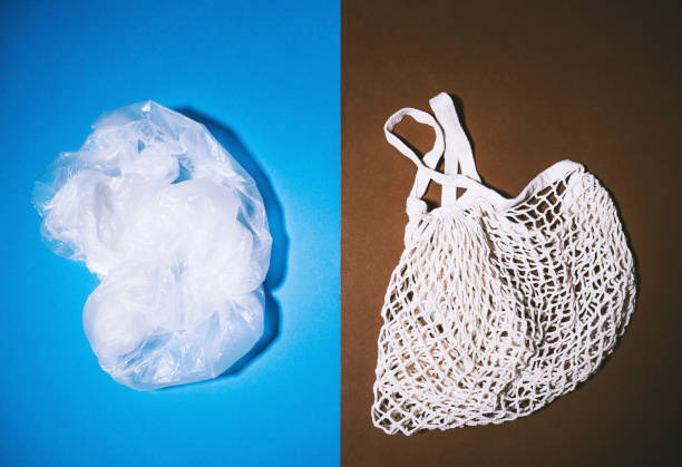 istock Mesh bag vs plastic bag. Reusable shopping bag instead of plastic bag. Concept about plastic pollution and choice. Flat lay. 1772956283