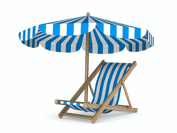 deckchair e ombrellino su sfondo bianco. immagine 3d isolato - chair beach chaise longue isolated foto e immagini stock