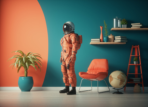 Cosmonaut in a living room. This is a 3d render illustration.