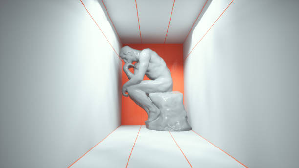 Statue of thoughtful man sitting down in a room. Confusion and overthinking concept.