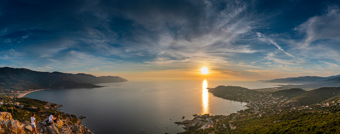 Sunset landscape with Plage du Sagnone, Corsica island, France