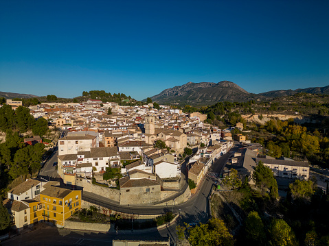 Aerial view of Benilloba village with Serrella mountain at background, Alicante, Costa Blanca, Spain - stock photo
