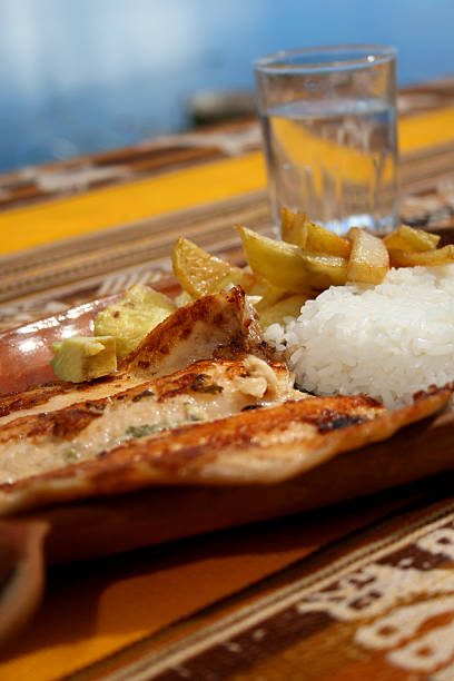 Alfresco Fish, Chips and Rice stock photo