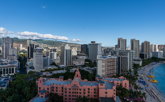 Scenic aerial panoramic Waikiki Beach vista, Honolulu, Hawaii