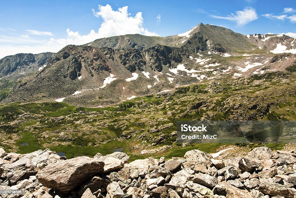 Arapahoe Pass Trail above Timberline "sunny, clear view of mountains with patches of snow - from Arapahoe Pass Trail, Indian Peaks Wilderness, Colorado" Backgrounds Stock Photo
