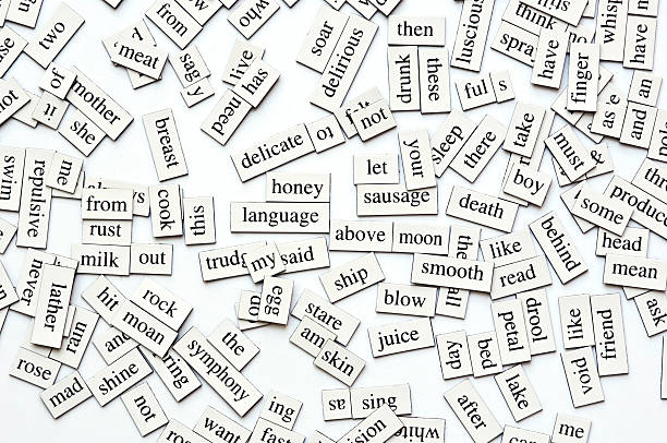 Magnetic Words Collection Random collection of  different words and word-forms on magnetic tiles poet stock pictures, royalty-free photos & images