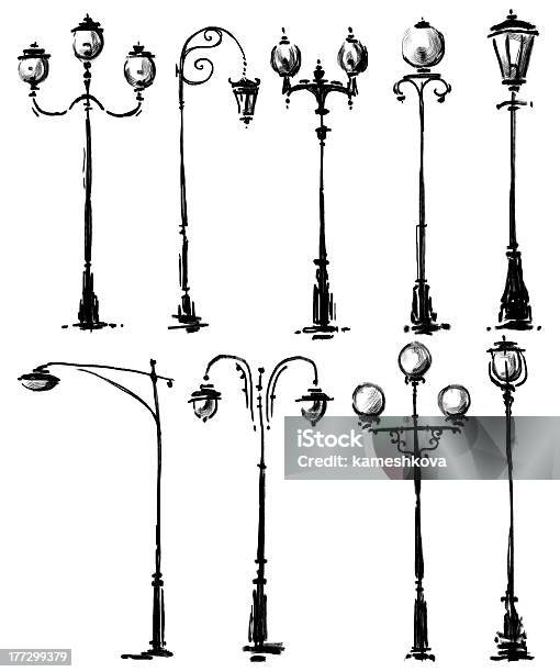 Lamp Posts Drawing Stock Illustration - Download Image Now - Drawing - Art Product, Street Light, Architectural Feature