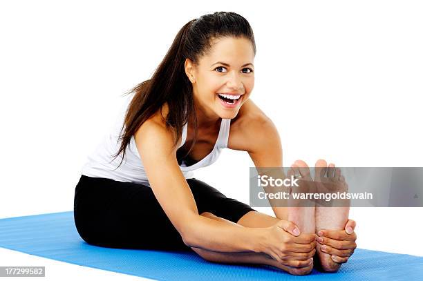Happy Stretching Yoga Woman Stock Photo - Download Image Now - White Background, Yoga, Activity