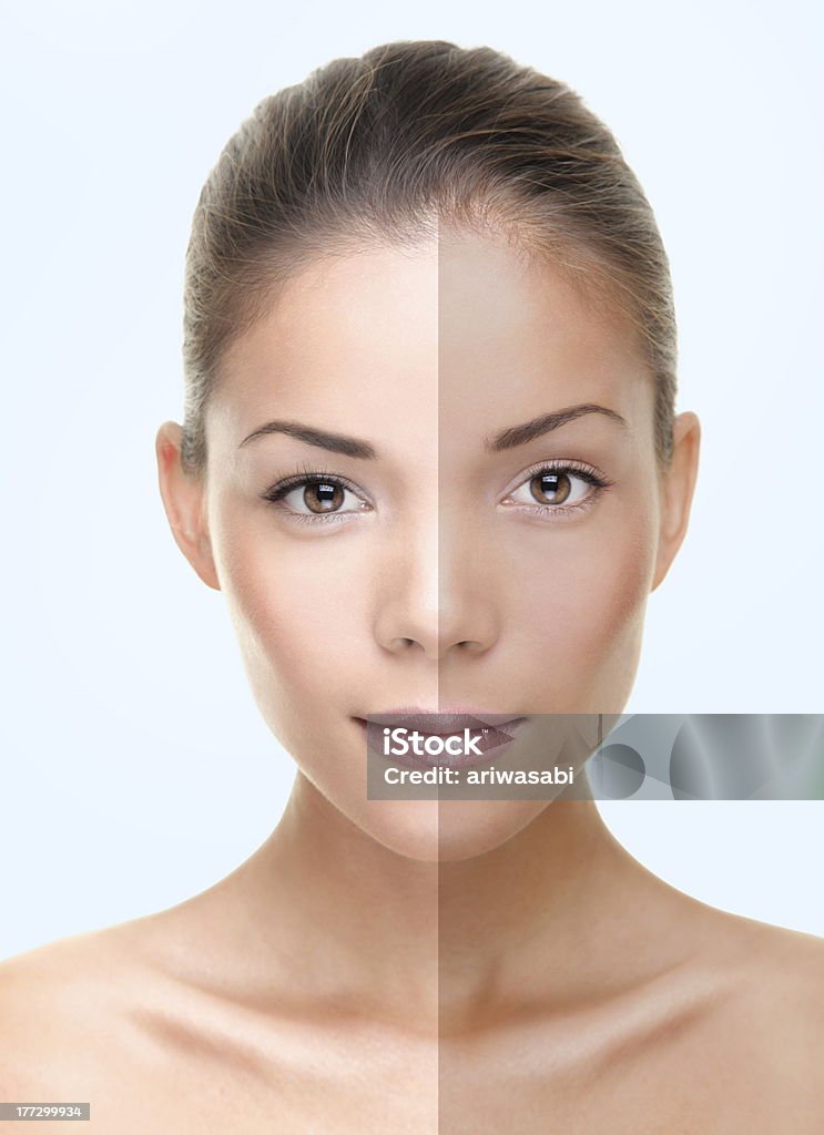 Skin care tan asian beauty Skin care concept showing half tan asian beauty. 20-29 Years Stock Photo