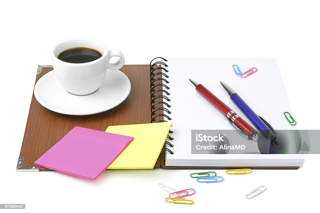 Suprimentos de escritório e uma xícara de café " - Foto de stock de Agenda royalty-free