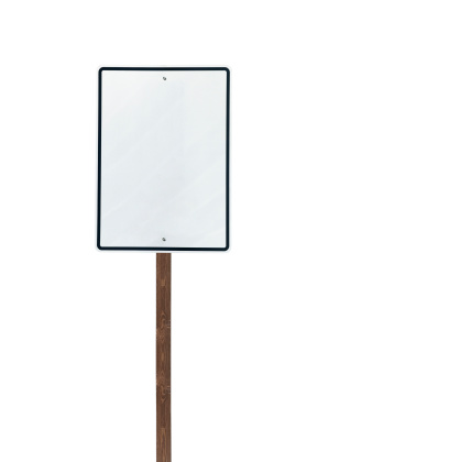 Tall isolated blank white sign on a wooden post.